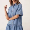 Ceres Life Short Sleeve Tiered Pocket Shirt Dress  - Vintage Blue